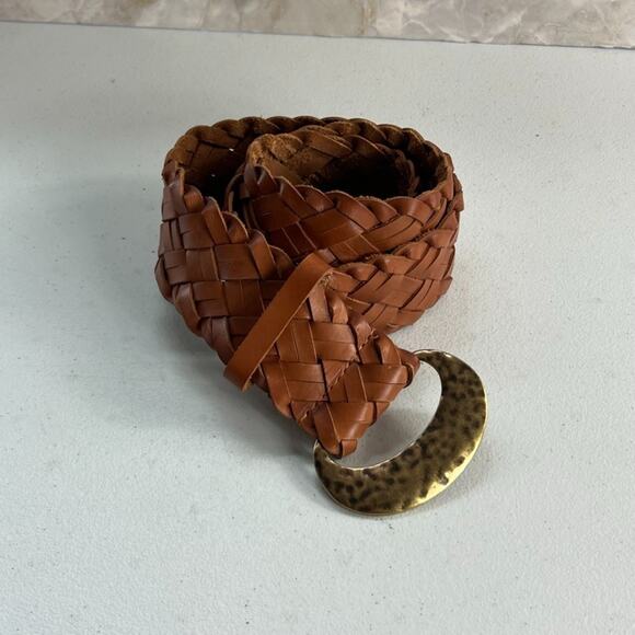 Coldwater Creek Braided Belt Women's L Brown Leather With Hammered Brass Buckle - Picture 4 of 7